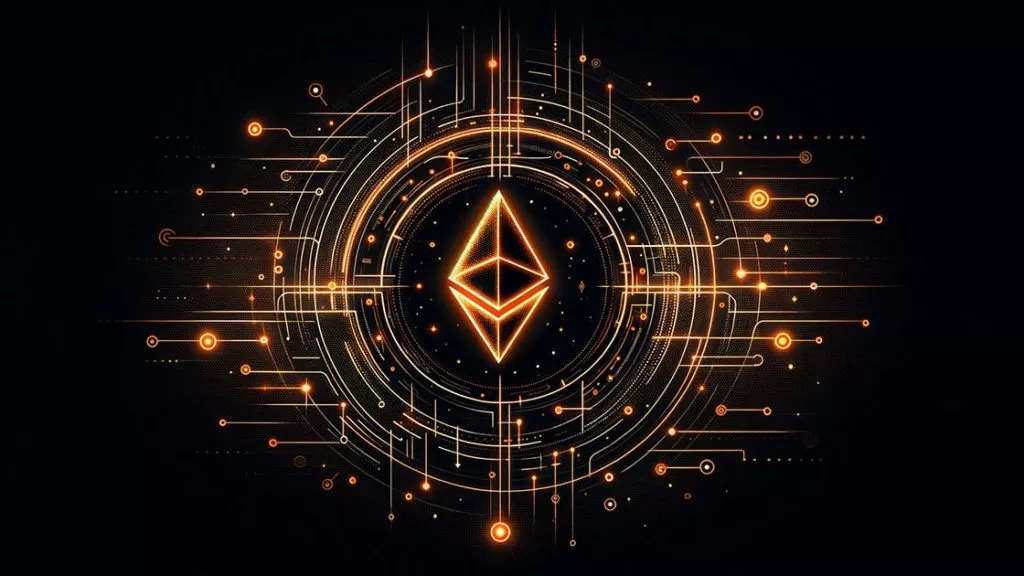 Visuelle Darstellung des Übergangs von traditionellen Finanzsymbolen zu digitalen Ethereum- und Blockchain-Elementen, symbolisch für Franklin Templetons Ethereum ETF