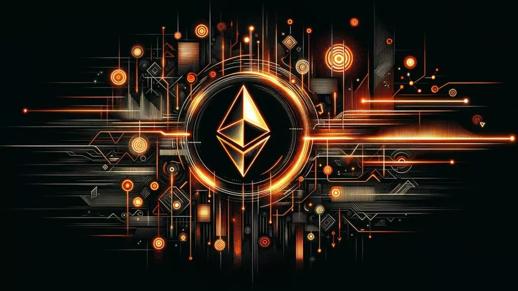 Das Ethereum-Logo leuchtet in Neonorange vor einem stilvollen, schwarzen Hintergrund, umgeben von Finanzwachstumssymbolen, symbolisch für den Ethereum ETF von Franklin Templeton
